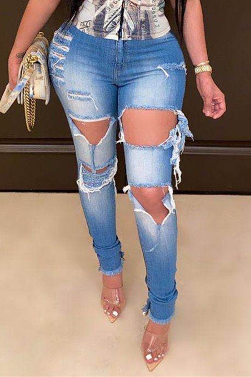 Fashion Sexy Pierced Ripped High Waist Regular Denim Jeans