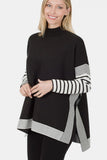 zenana full size run contrast striped mock neck high low sweater