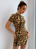 leopard print zip up bodycon dress