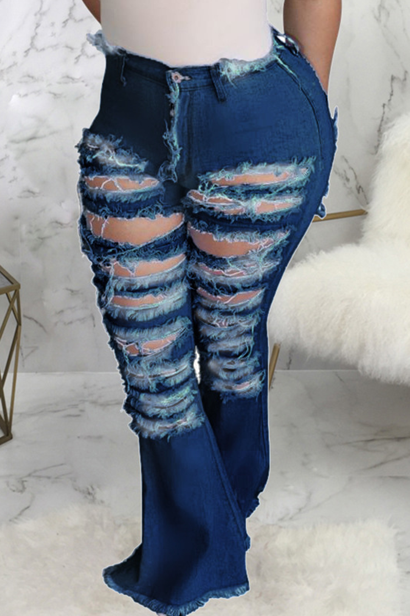Sexy Solid Ripped Mid Waist Boot Cut Denim Jeans
