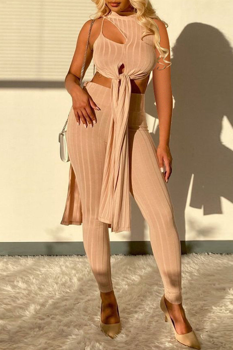 Sexy Casual Solid Hollowed Out Slit O Neck Sleeveless Two Pieces