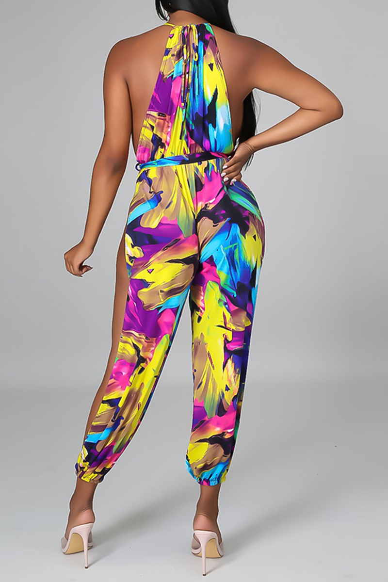 Sexy Print Hollowed Out Halter Skinny Jumpsuits