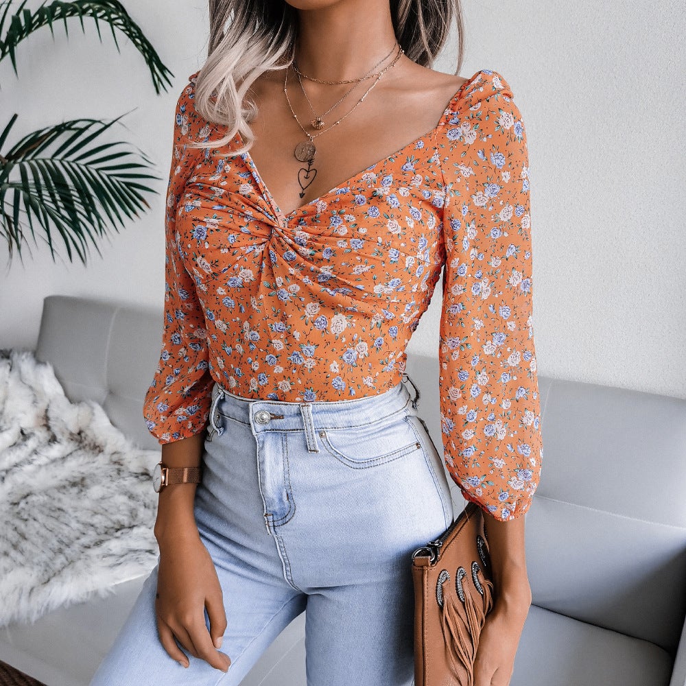 ditsy floral twist front puff sleeve top