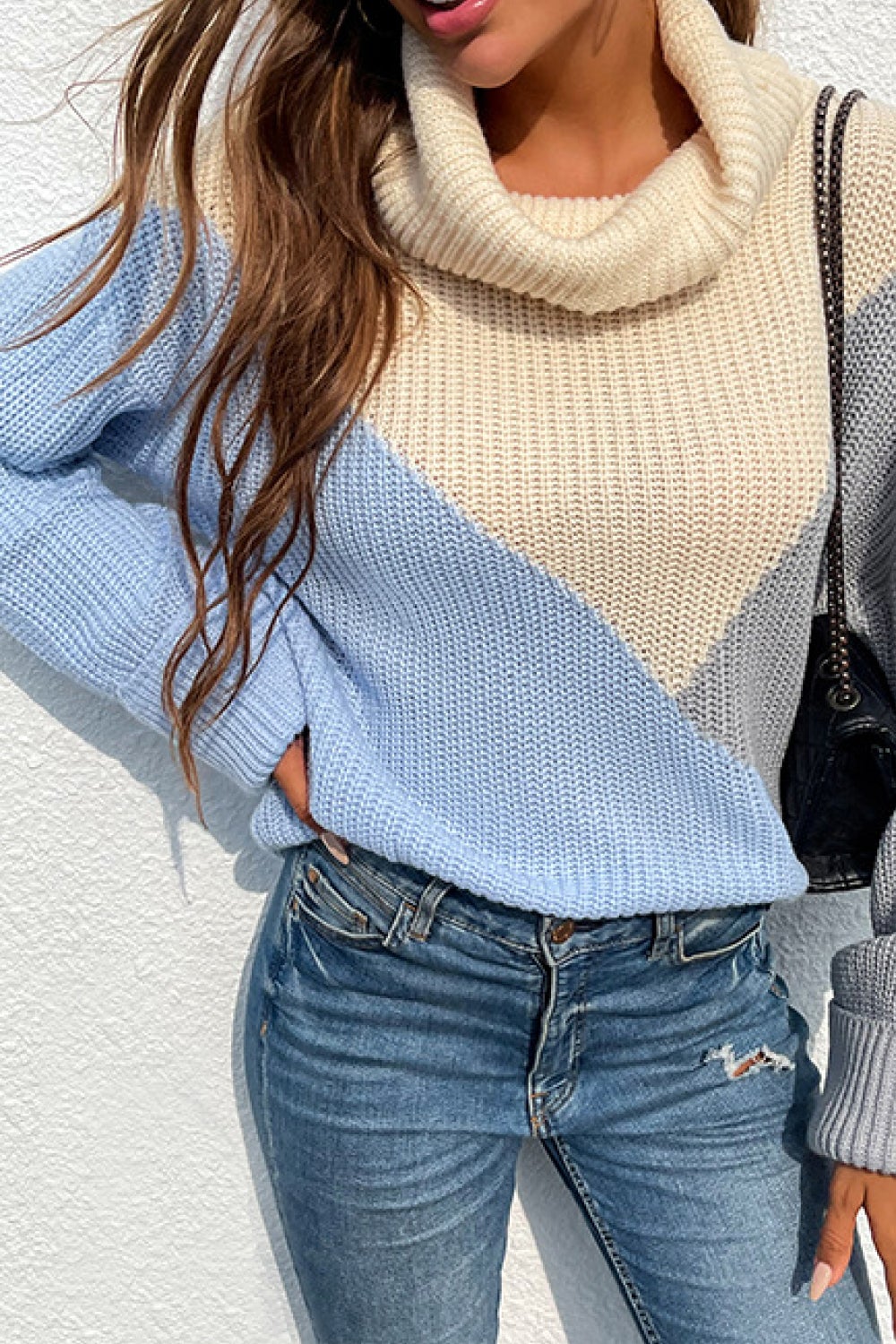 color block rib knit turtleneck sweater