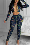 Fashion Sexy Adult Polyester Print Bandage O Neck Long Sleeve Regular Sleeve Short Two Pieces