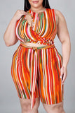 Fashion Casual Striped Print Hollowed Out O Neck Plus Size Romper