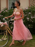tube sweetheart neck tulle tiered maxi dress