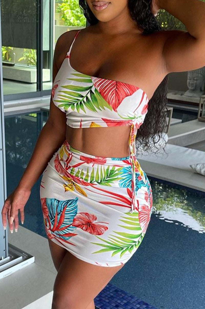 Fashion Sexy Print Backless One Shoulder Sleeveless Two Pieces