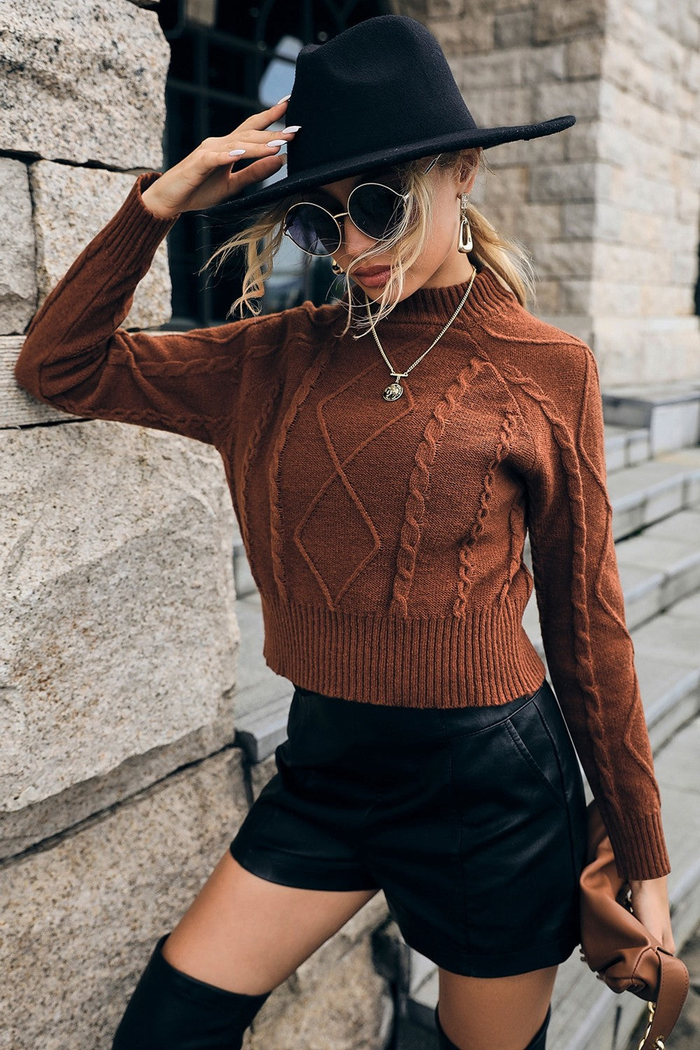 cable knit mock neck raglan sleeve sweater