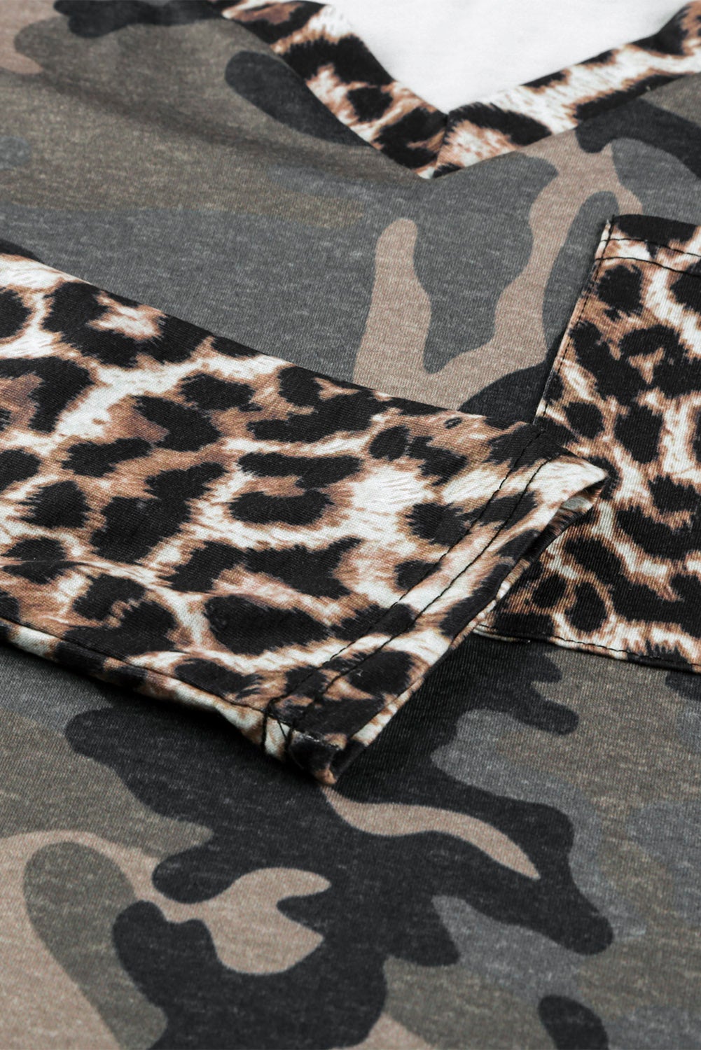 leopard camo spliced print v neck long sleeve tee