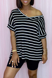 Casual Striped Split Joint V Neck Short Sleeve Two Pieces