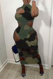 Fashion Sexy Camouflage Print Hollowed Out Half A Turtleneck Sleeveless Dress