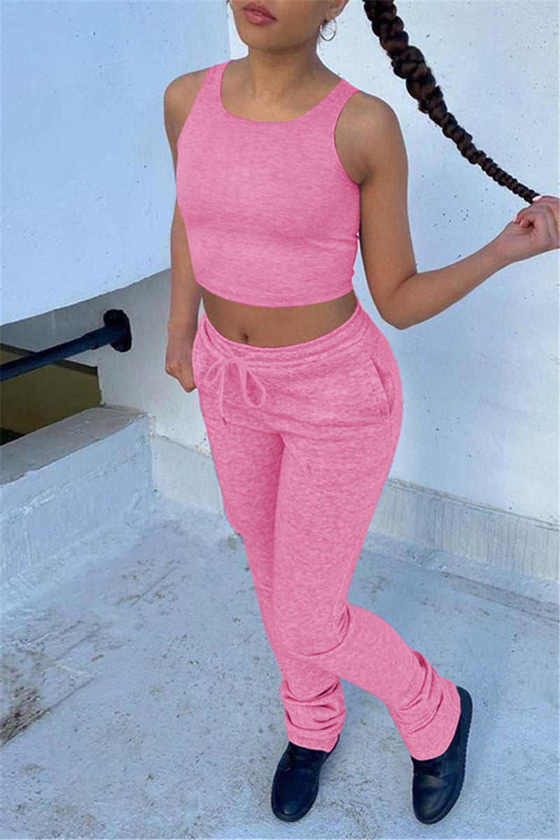 Casual Sportswear Solid Fold Pants O Neck Sleeveless Two Pieces