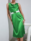 two tone belted cowl neck satin dress