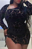 Fashion Sexy Plus Size Solid Hollowed Out See-through Zipper Collar Long Sleeve Dresses