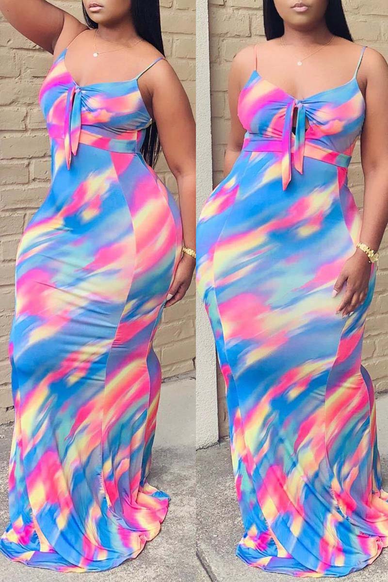 Sexy Print Hollowed Out Backless Spaghetti Strap Sleeveless Dress