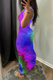 Fashion Sexy Tie Dye Print Hollowed Out U Neck Vest Dress