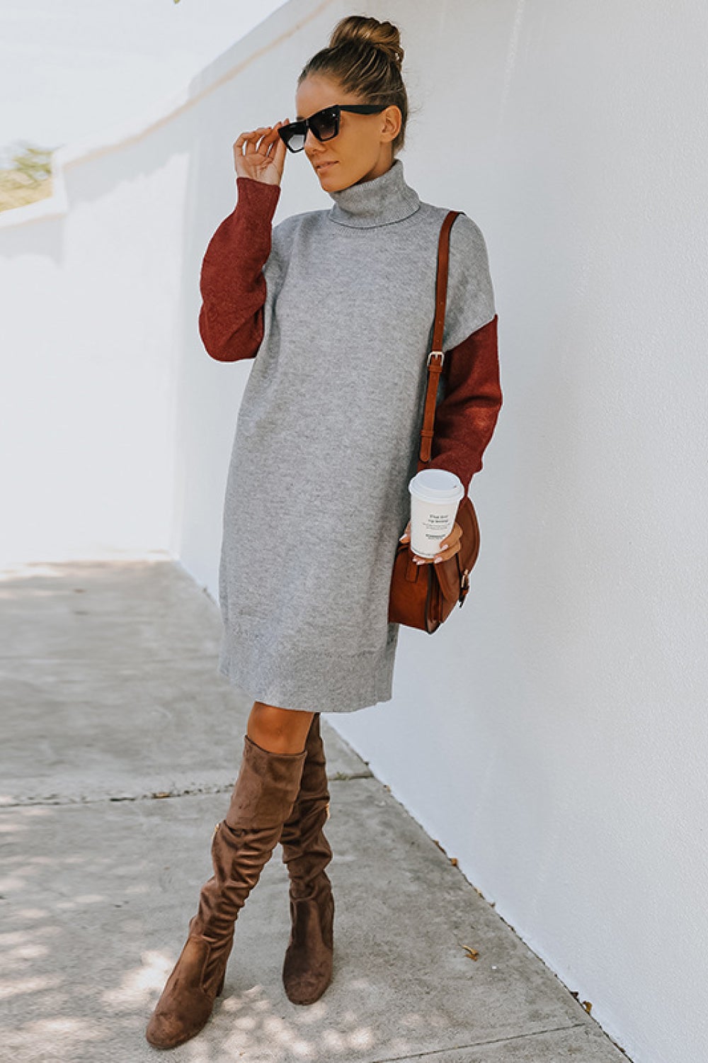 color block turtleneck sweater dress
