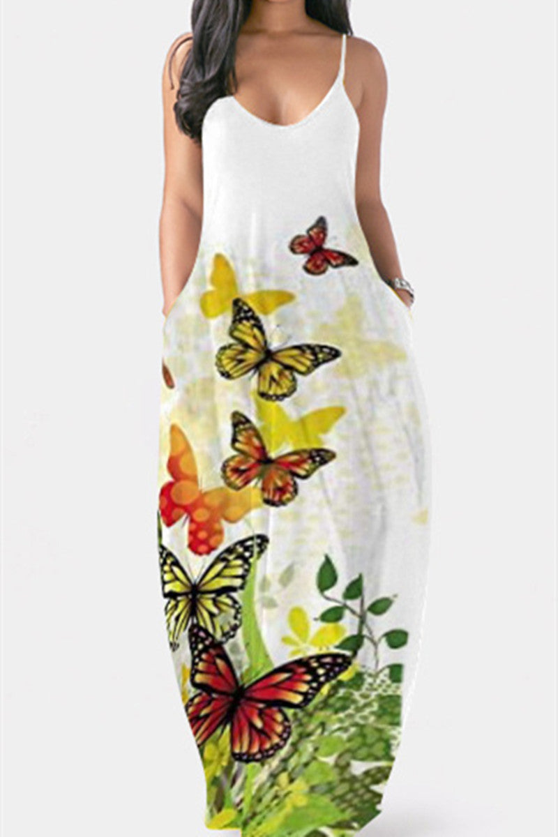 Sexy Casual Butterfly Print Backless Spaghetti Strap Sleeveless Dress