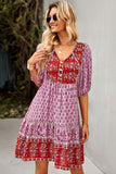 bohemian tie neck dress with decorative buttons