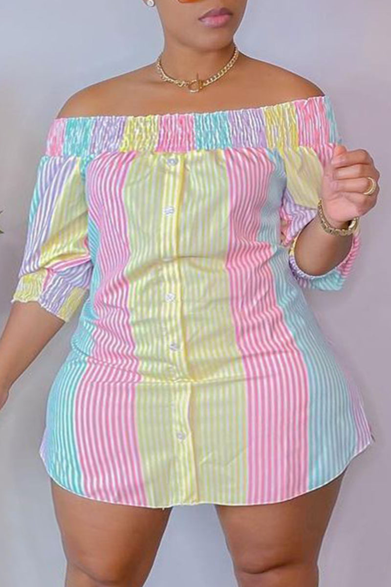 Casual Cute Striped Print Off the Shoulder Straight Plus Size Dresses