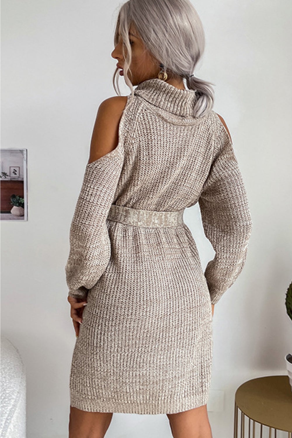cold shoulder turtleneck sweater dress