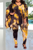Casual Patchwork Tie-dye V Neck Plus Size Two Pieces