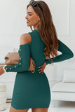 buttoned detail round neck cold shoulder rib knit dress