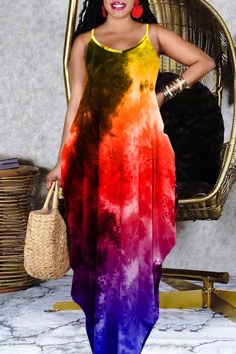 Fashion Casual Print Tie Dye Backless Spaghetti Strap Sleeveless Dress