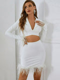 feather trim lapel collar cropped top and mini skirt set
