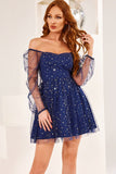 star print mesh sleeve mini tulle dress