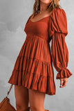 smocked pleated off shoulder tiered casual mini dress