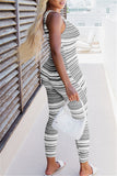 Fashion Casual Striped Print Basic V Neck Skinny Jumpsuits
