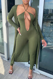 Fashion Sexy Solid Hollowed Out Halter Long Sleeve Two Pieces