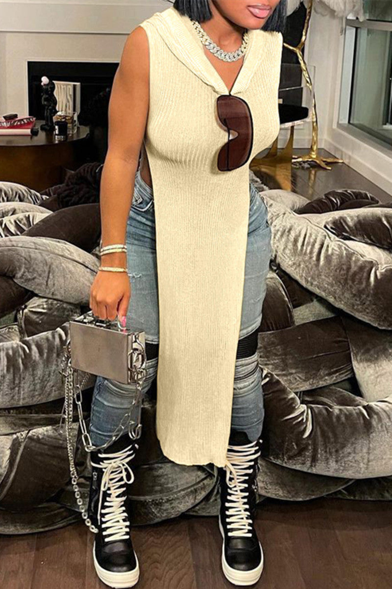 Fashion Casual Solid Slit Hooded Collar Tops