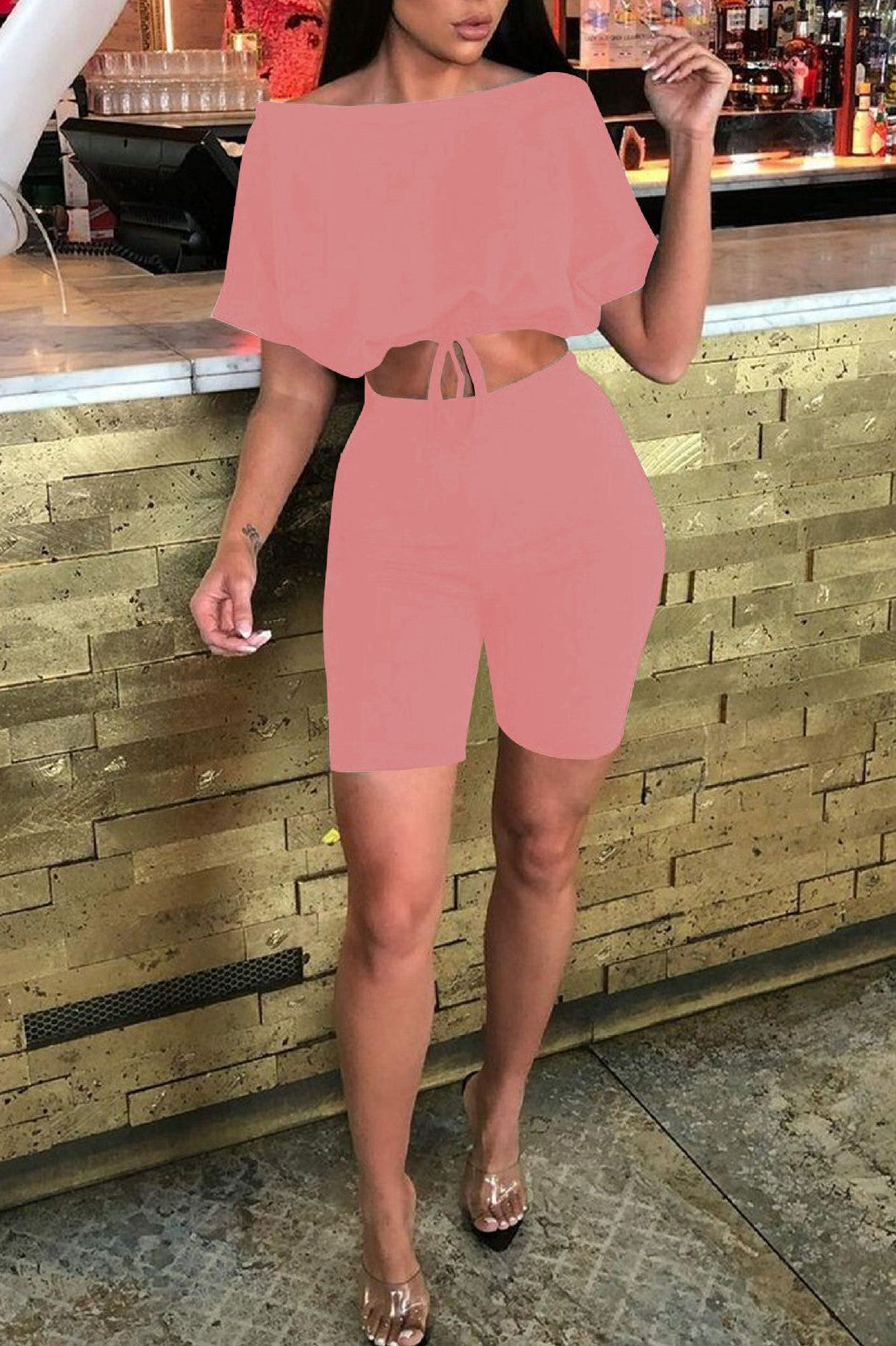 Fashion Casual Solid Basic Off the Shoulder Half Sleeve Two Pieces