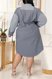 Fashion Casual Plus Size Striped Print Without Belt Turndown Collar Shirt Dress