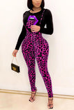Fashion Casual Leopard Lips Printed Basic O Neck Long Sleeve Regular Sleeve Regular Two Pieces