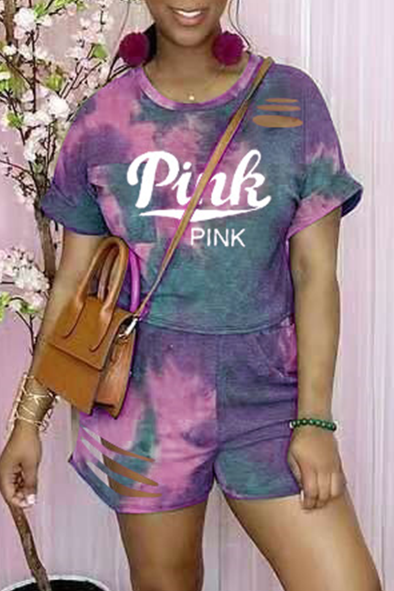Casual Patchwork Tie-dye O Neck Short Sleeve Two Pieces