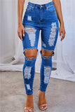 Fashion Casual Regular Solid Mid Waist Broken Hole Jeans