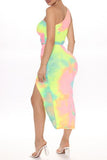 Fashion Sexy Print Tie Dye Backless Slit One Shoulder Sleeveless Two Pieces