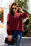 contrast sheer mesh lace up blouse