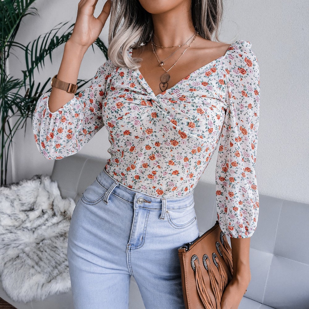 ditsy floral twist front puff sleeve top