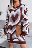 heart print long sleeve mini sweater dress belt not included