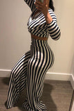 Sexy Striped Print Bateau Neck Long Sleeve Two Pieces