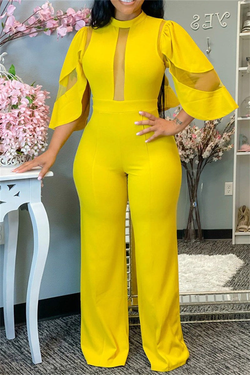 Fashion Casual Solid Split Joint See-through Half A Turtleneck Regular Jumpsuits