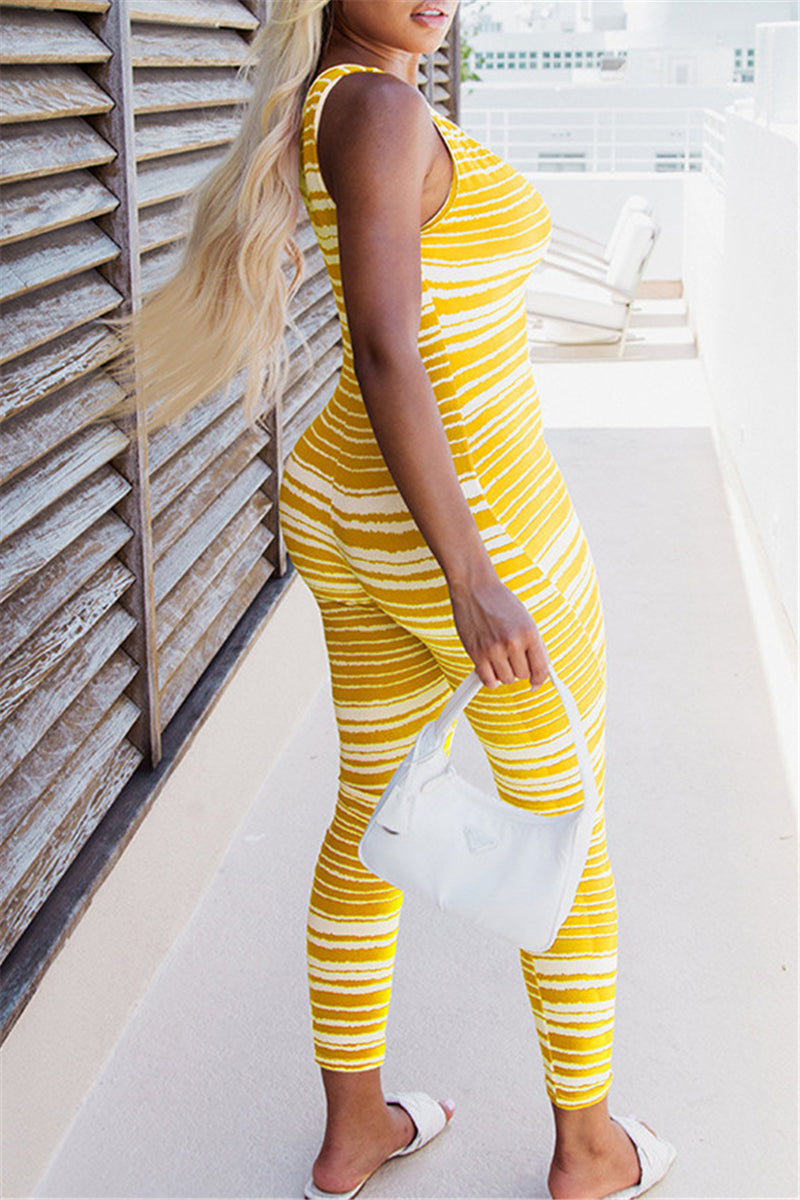 Fashion Casual Striped Print Basic V Neck Skinny Jumpsuits