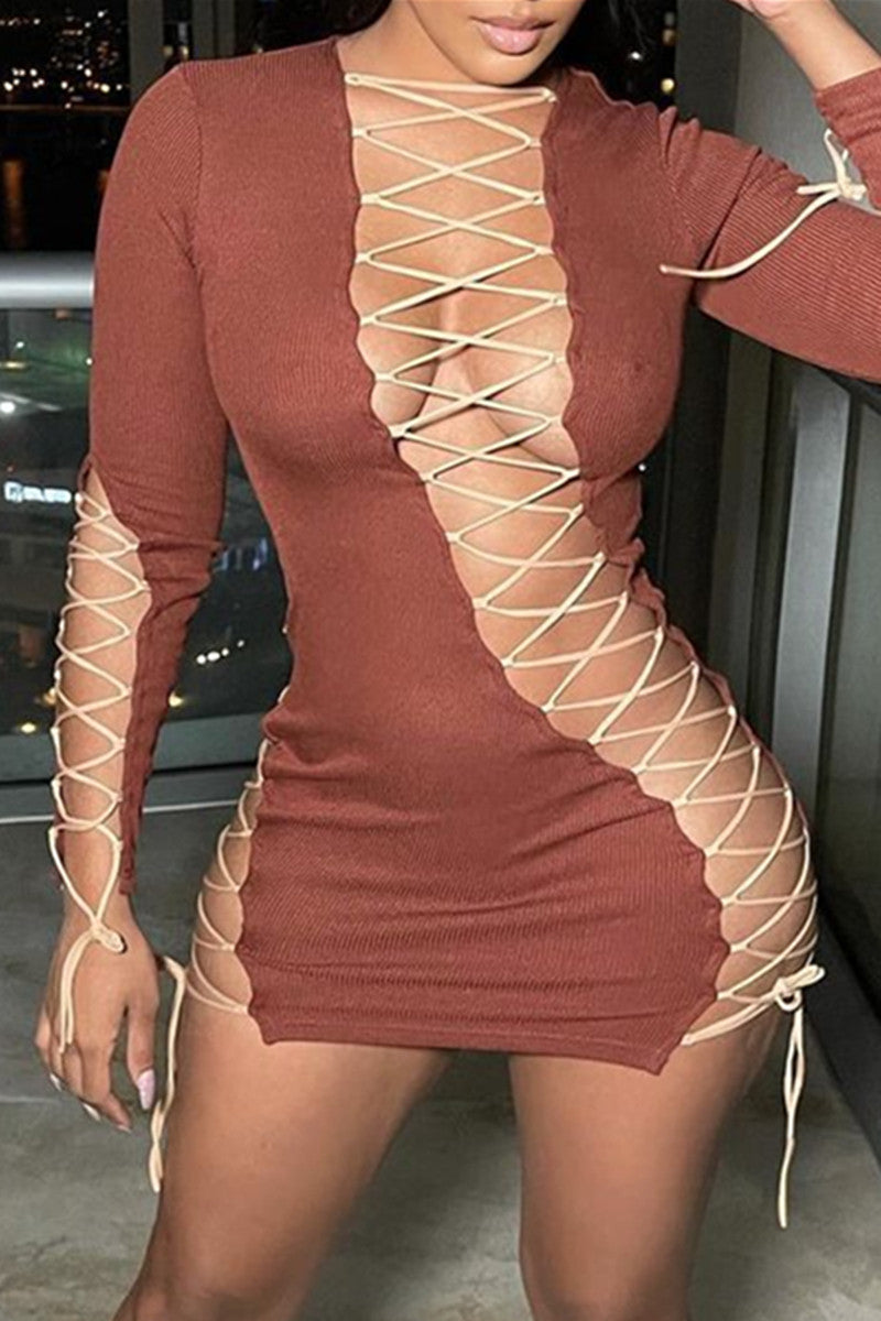 Fashion Sexy Solid Hollowed Out Strap Design Long Sleeve Dresses
