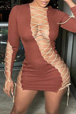 Fashion Sexy Solid Hollowed Out Strap Design Long Sleeve Dresses