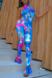 Fashion Sexy Butterfly Print Backless Half A Turtleneck Jumpsuits